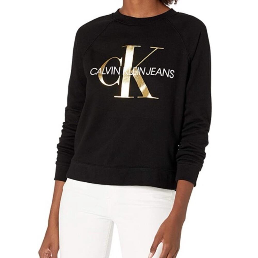 Calvin Klein Women's Metallic Foil Print Black Sweatshirt Size X Large XL NWT